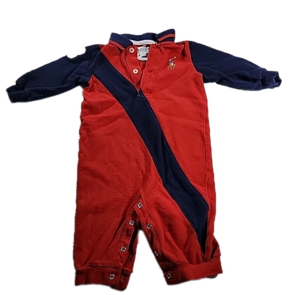 Ralph Lauren One Piece Baby 6 Months RED/BLUE‎ LONG Sleeve Snap Closure Big Pony